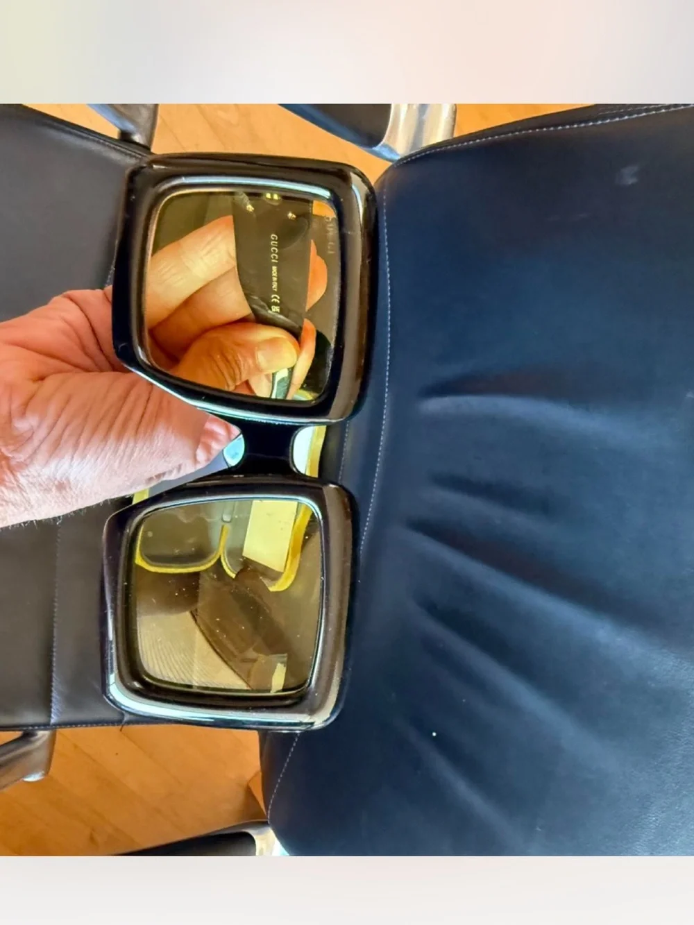 Gucci Black Frame Oversized Yellow Lens Square Sunglasses with Gold GG Accent